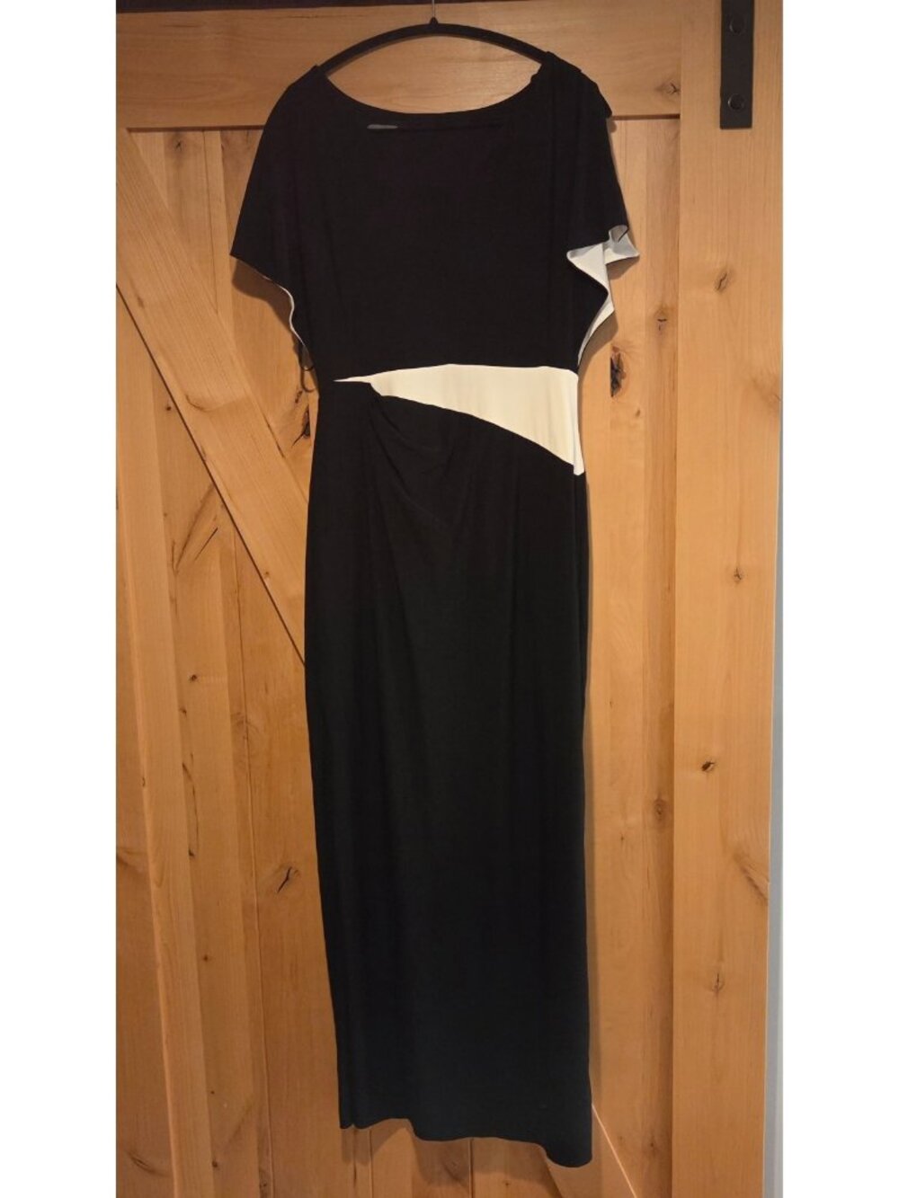 Ralph Lauren Evening Sheath Maxi Dress Sz 10 Split Flutter Sleeve Black White